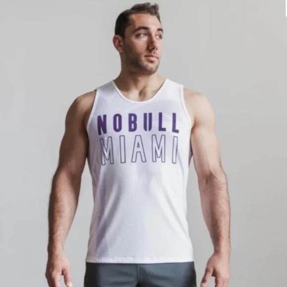 NoBull Men's White Purple Palm Tree Miami Graphic Tank Top Athletic CrossFit XXL